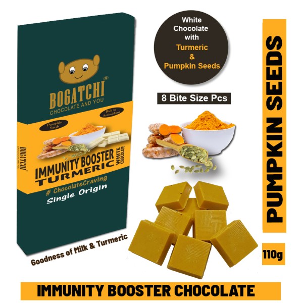 BOGATCHI Healthy Turmeric Milk White Chocolate Bites, Pumpkin Seeds, 8 Pcs